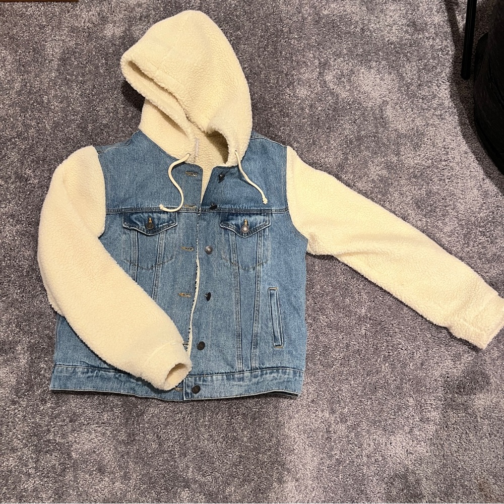 Blue and Cream Jean Jacket with Sweatshirt Sleeves